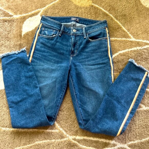 Abercrombie Harper Low Rise Ankle Jeans Denim 26 2R Blue Tan Gold Stripe Raw Hem - Picture 2 of 4